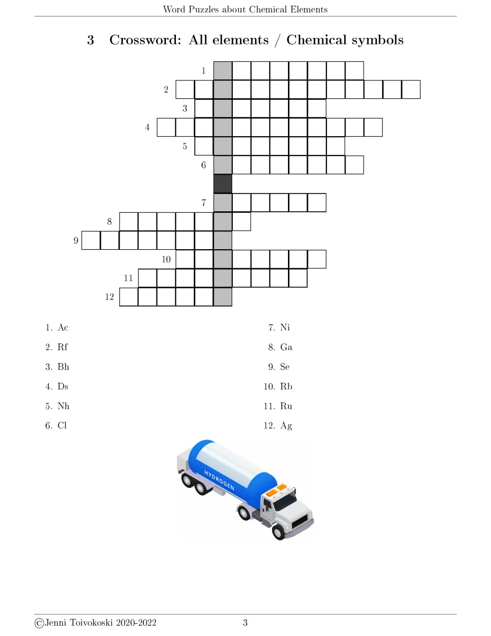 Chemical elements crossword 3 uses 12 symbol clues, including Ac, Rf, Bh, Ds, Nh, and Cl, for element names.