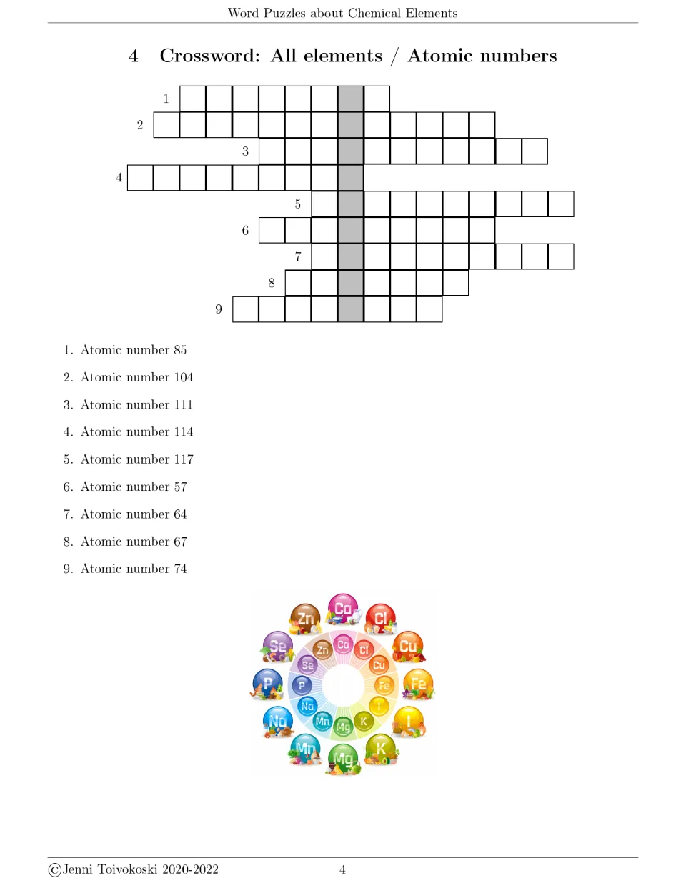 Chemical elements crossword 4 asks for names using atomic numbers 85, 104, 111, 114, 117, 57, 64, 67, and 74.