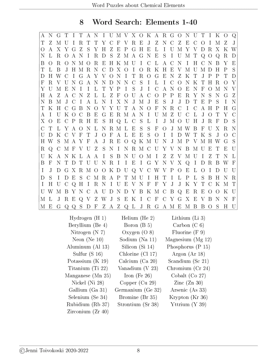 Chemical elements word search 1 covers elements 1–40, hydrogen through zirconium, with names, symbols, and numbers.