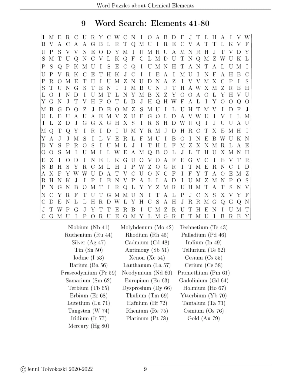 Chemical elements word search 2 covers elements 41–80, niobium through mercury, with names, symbols, and numbers.