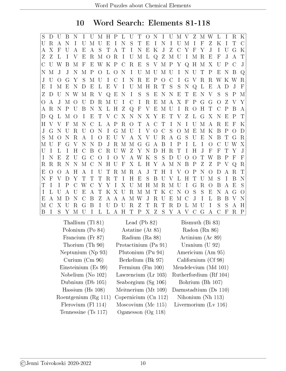 Chemical elements word search 3 covers elements 81–118, thallium through oganesson, listing symbols and numbers.