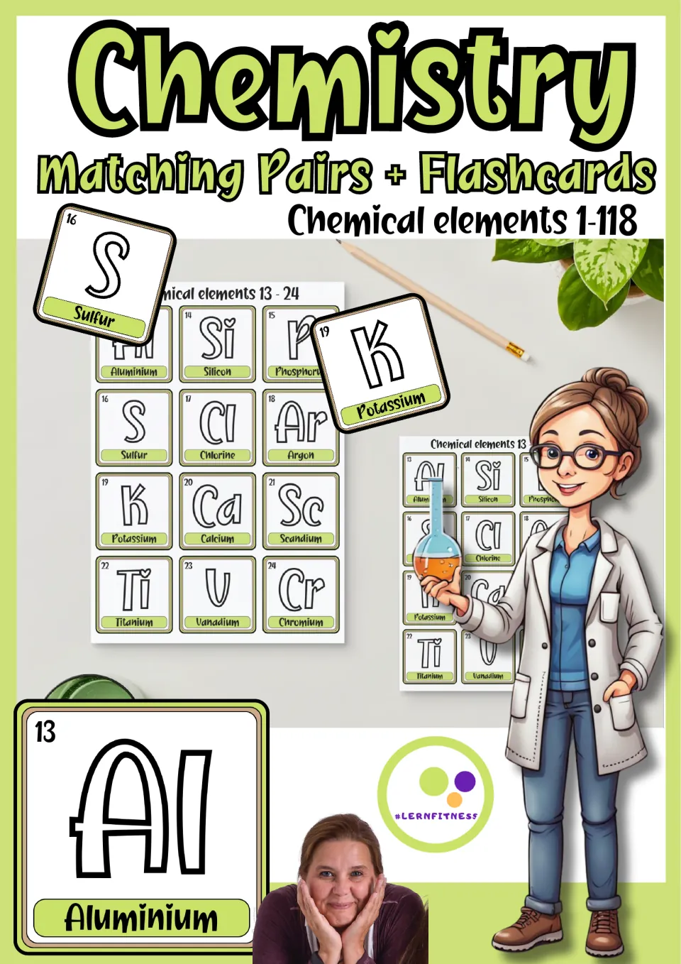 Cover for chemistry matching pairs and flashcards covering elements 1–118, showing sulfur, potassium, and aluminum