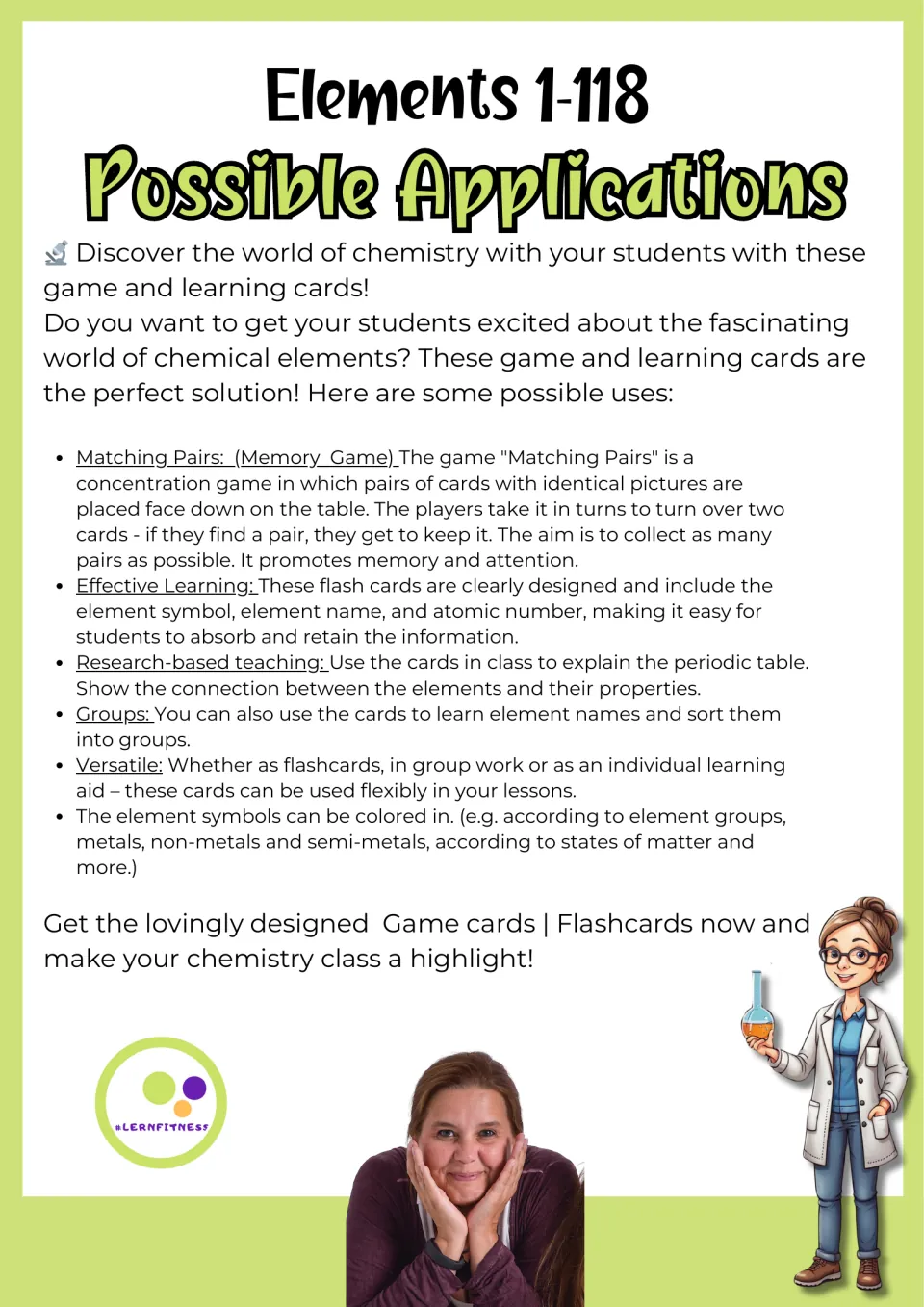 Element card activity suggestions include matching pairs, flashcard review, sorting groups, and coloring symbols