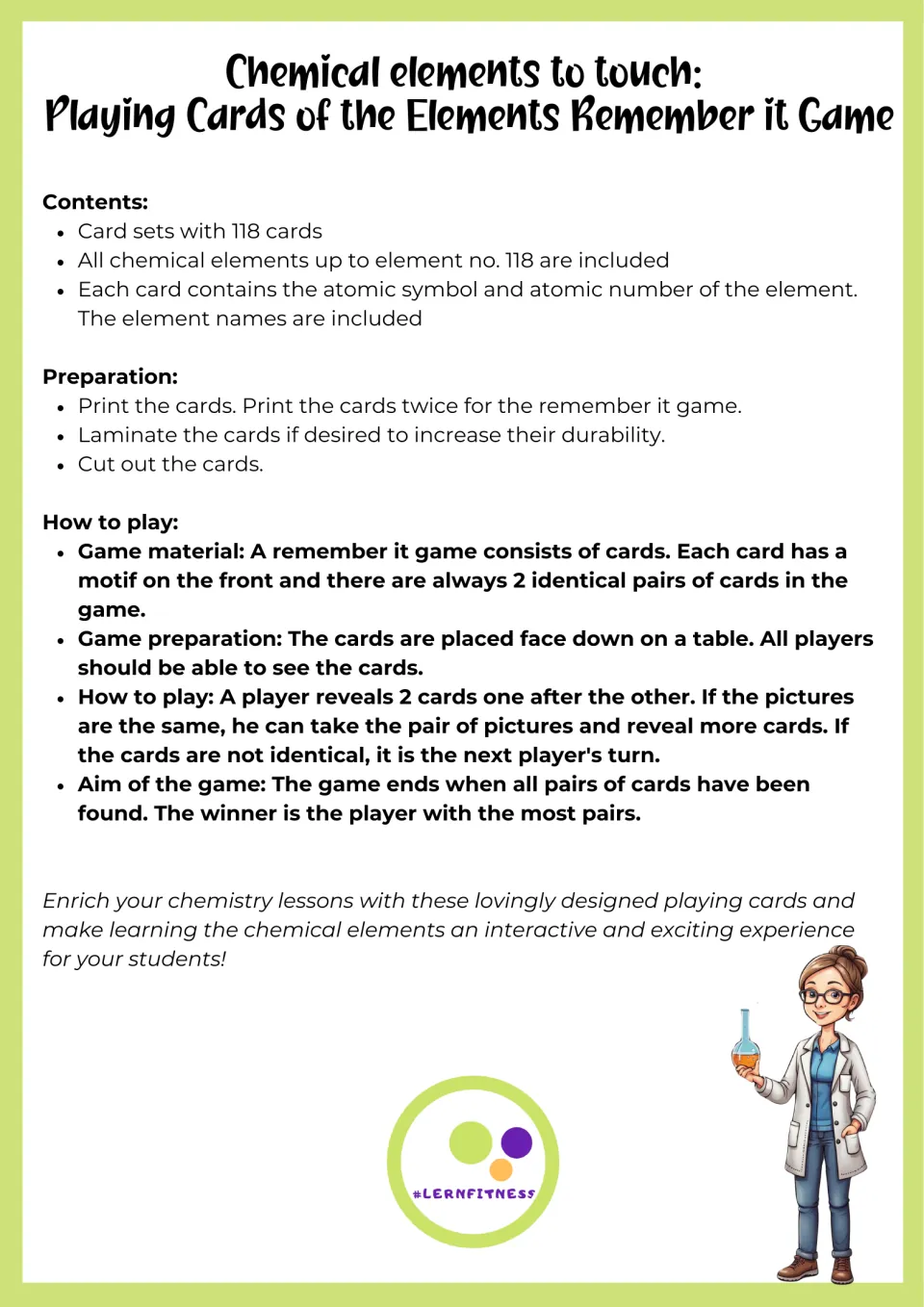 Instructions for preparing 118 element cards and playing matching pairs: print twice, cut out, and find pairs