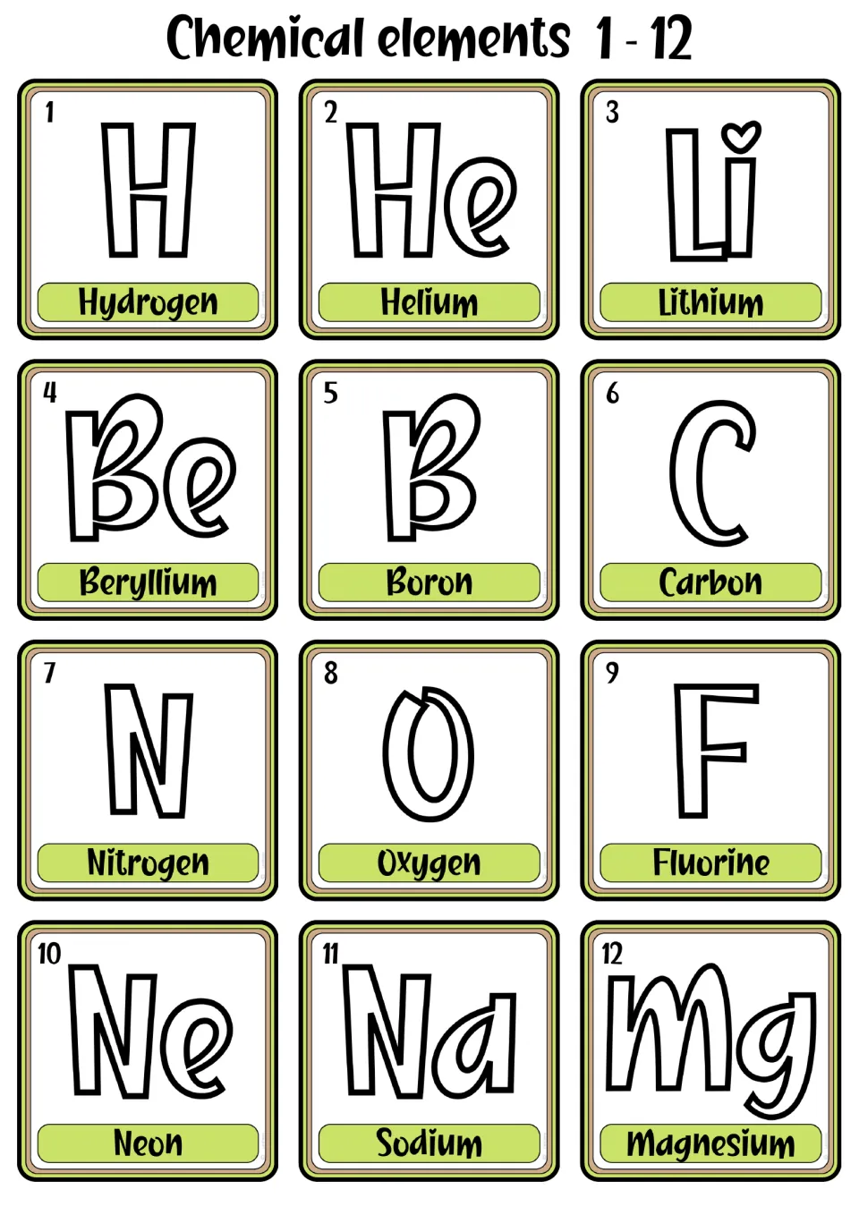 Chemical element cards 1–12, from hydrogen to magnesium, each showing its symbol, name, and atomic number