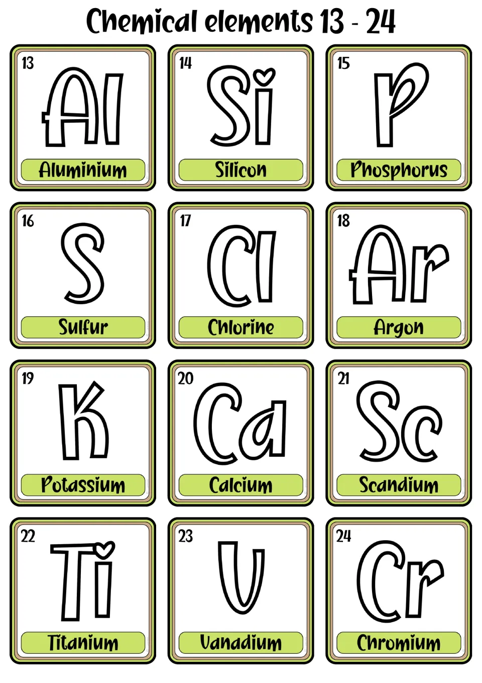 Chemical element cards 13–24, from aluminum to chromium, each showing its symbol, name, and atomic number