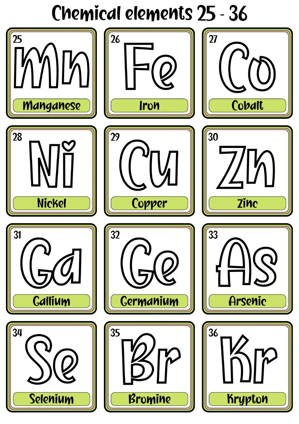 Chemical element cards 25–36, from manganese to krypton, each showing its symbol, name, and atomic number