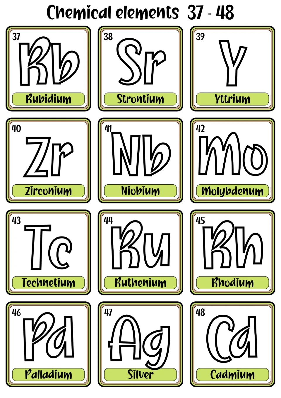 Chemical element cards 37–48, from rubidium to cadmium, each showing its symbol, name, and atomic number