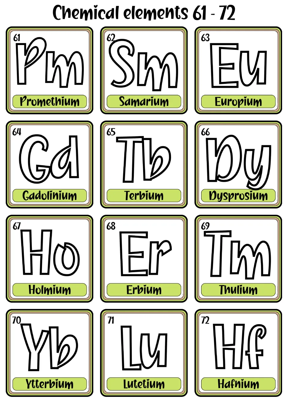Chemical element cards 61–72, from promethium to hafnium, each showing its symbol, name, and atomic number