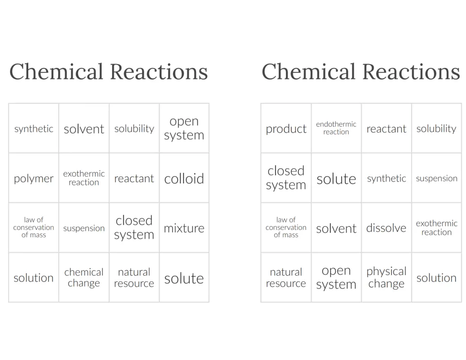 Two more vocabulary bingo cards, top rows led by synthetic, solvent, product and reactant, for matching terms to definitions