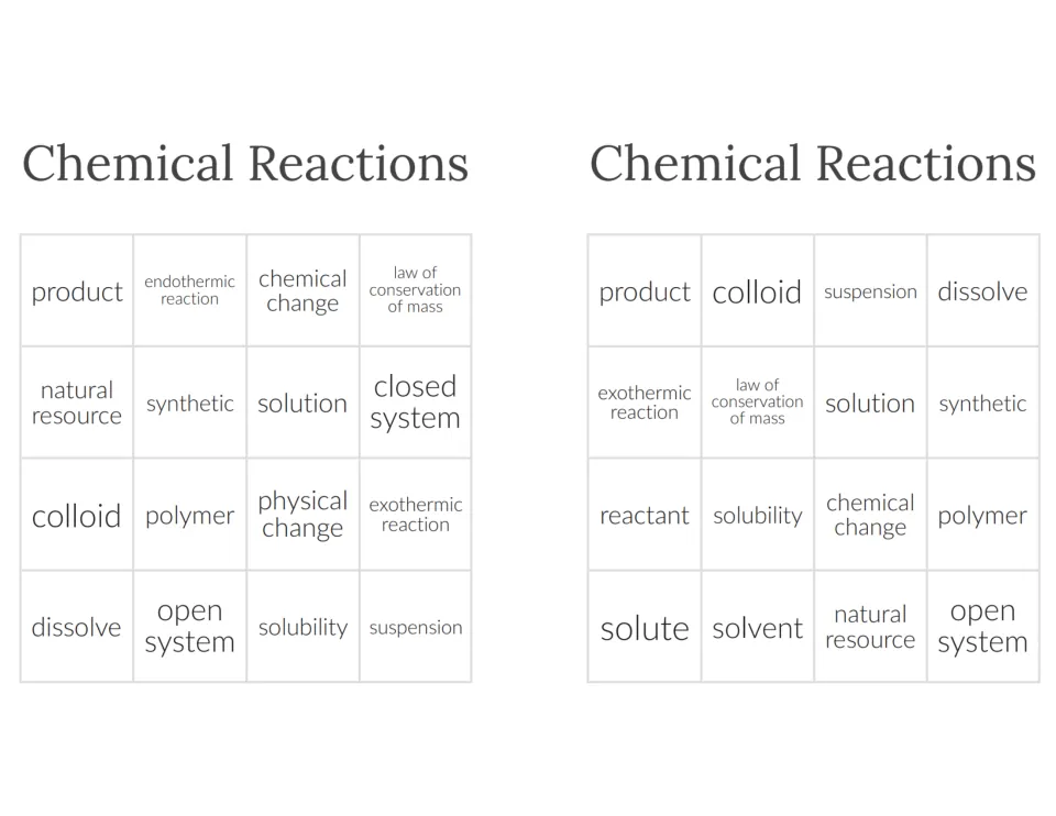 Chemical Reactions bingo pair with 16 terms each, first rows opening product, endothermic reaction and colloid, suspension