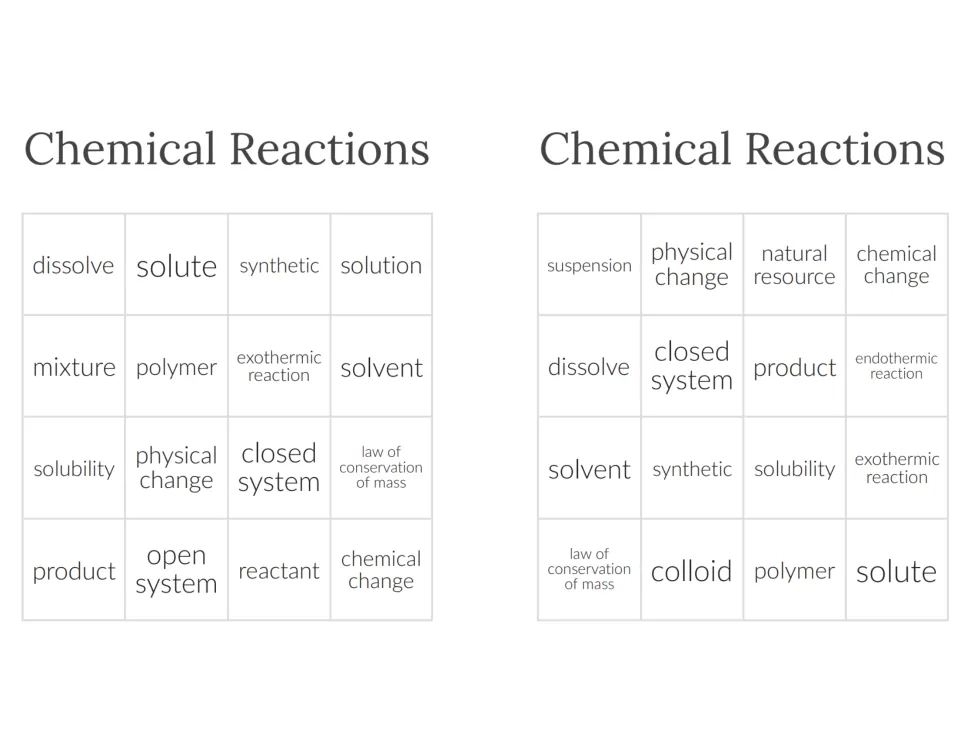Vocabulary bingo cards whose first rows read dissolve, solute and suspension, physical change; mark terms as defined