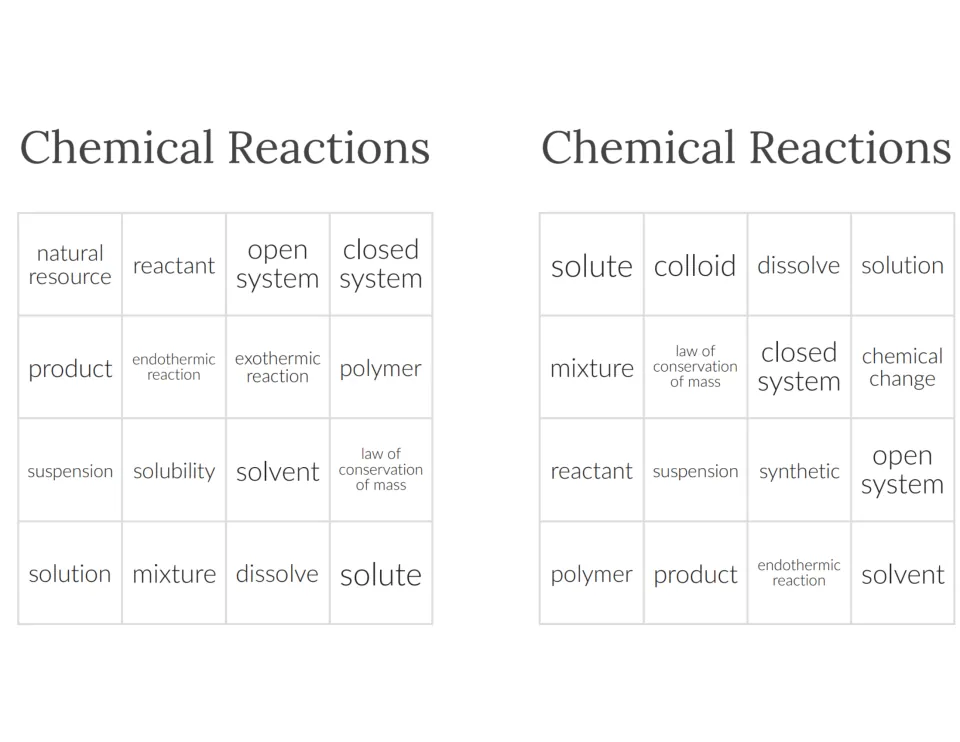 Two bingo cards of chemistry terms, top rows beginning natural resource, reactant and solute, colloid, dissolve, solution