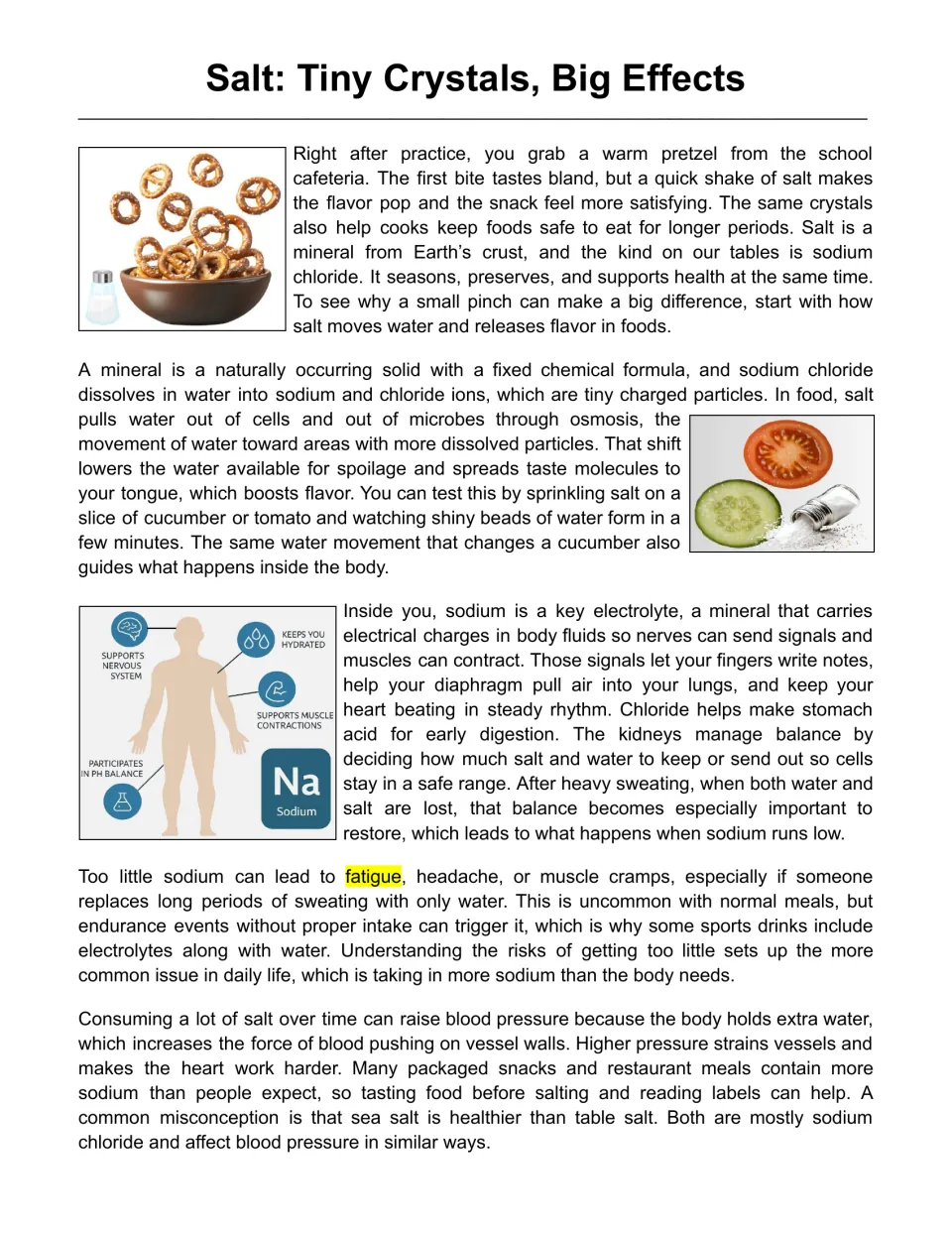 Salt: Tiny Crystals, Big Effects reading passage on how sodium chloride affects flavor, food preservation and health