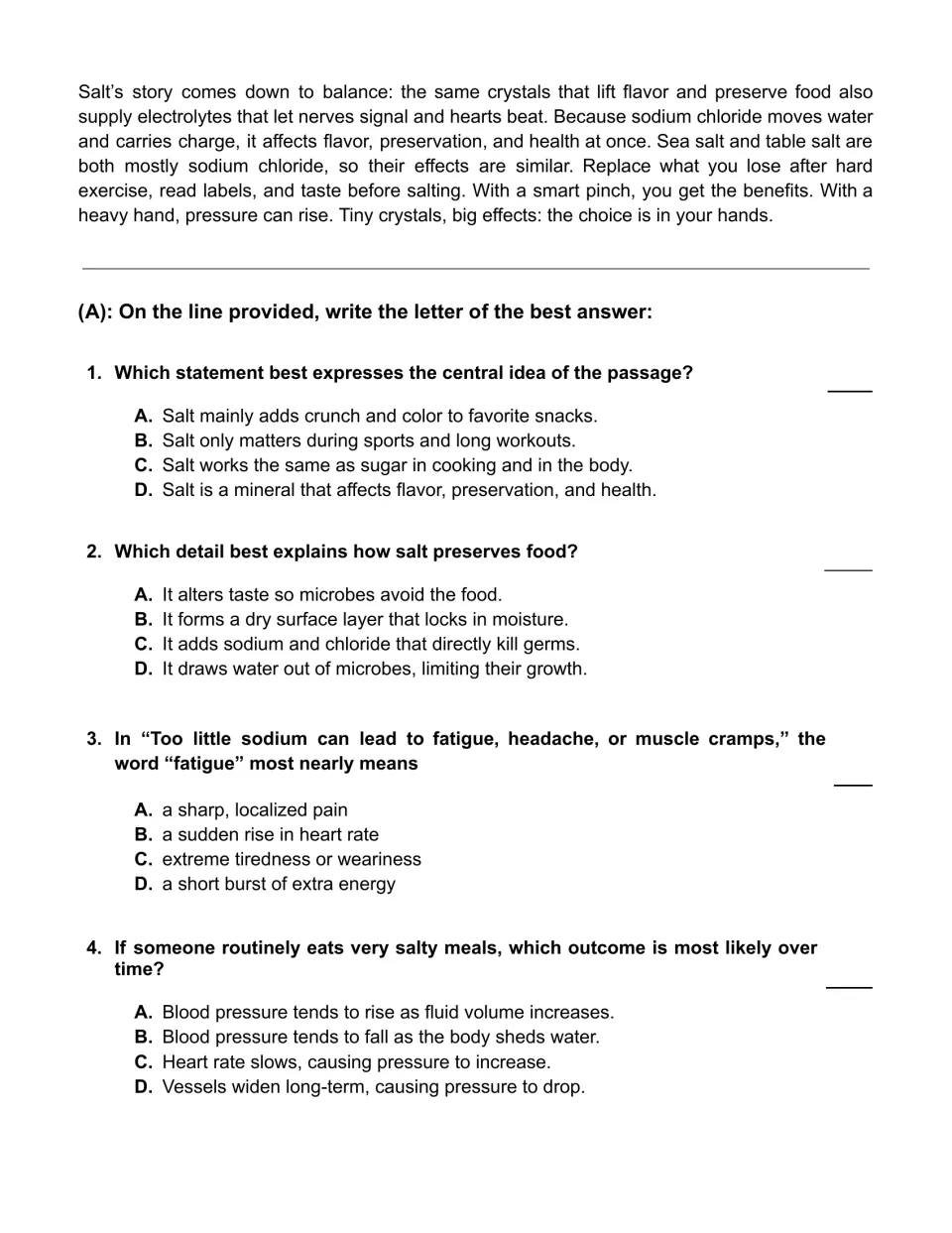 Salt passage conclusion, multiple choice on central idea, how salt preserves food, the word fatigue and high-salt diets