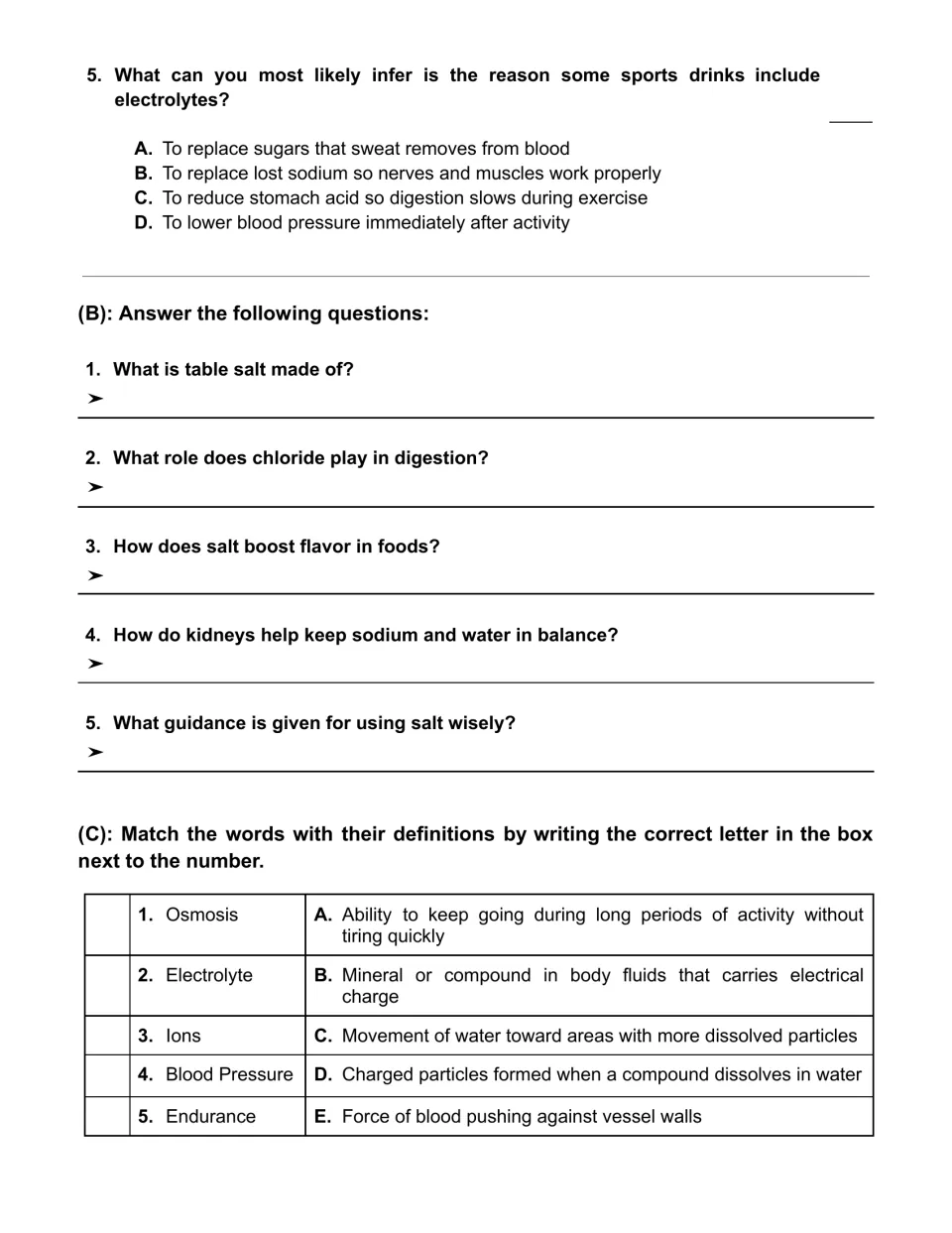 Salt questions: sports-drink inference item, five short answers on chloride and kidneys, and matching terms like osmosis