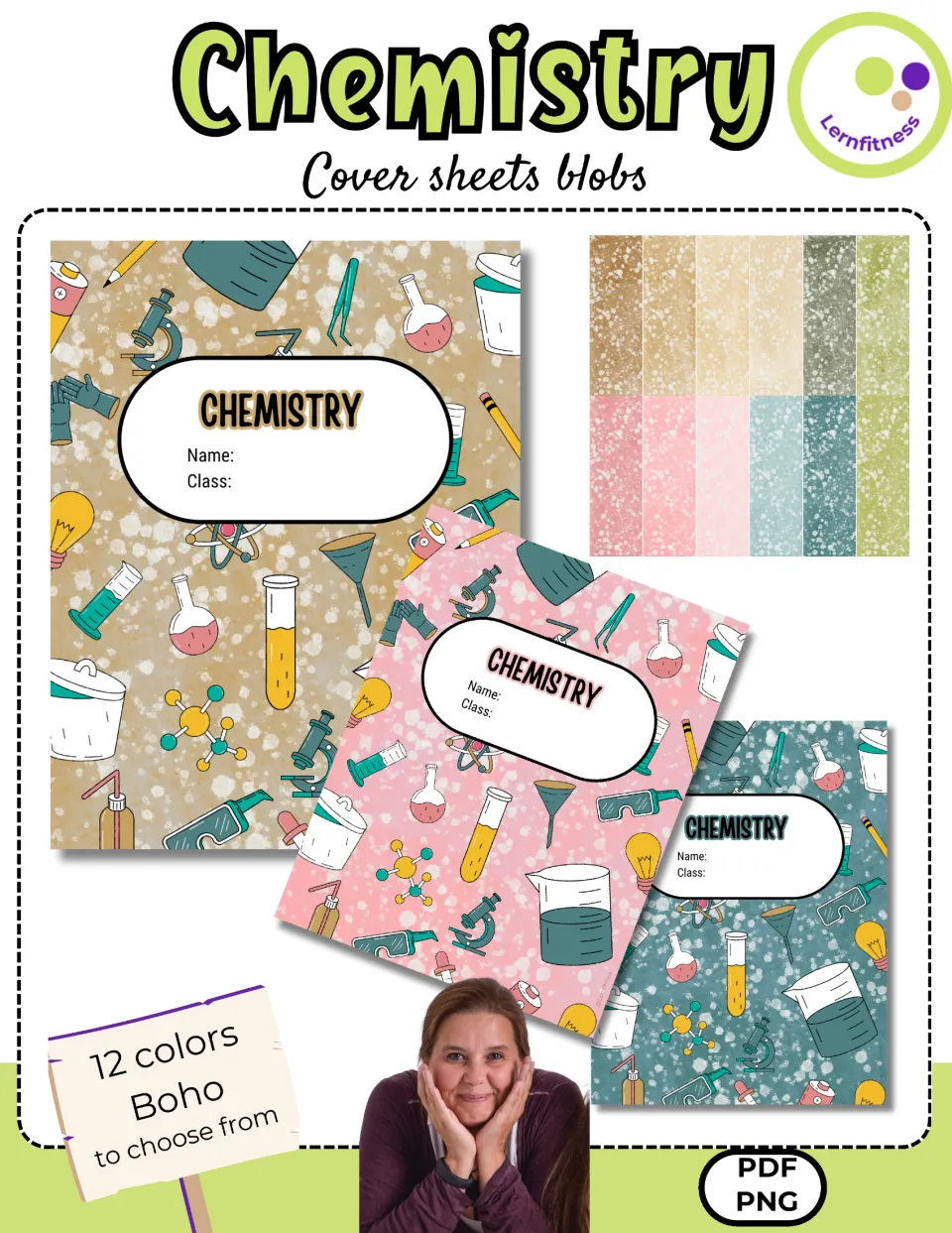 Chemistry Cover sheets blobs cover showing tan, pink and teal binder covers and swatches of the 12 boho colors