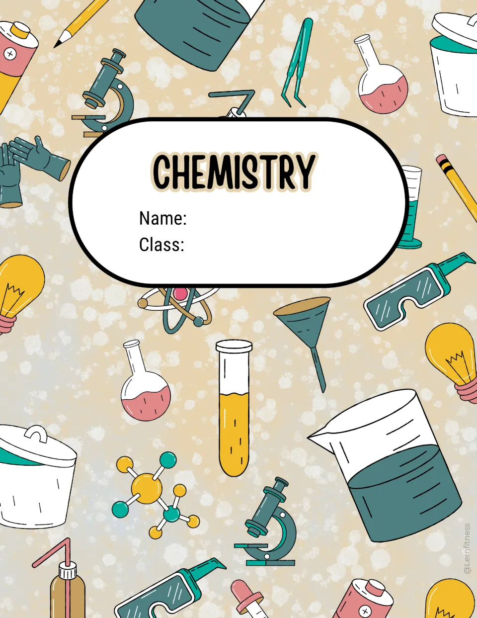 Chemistry binder cover on pale cream with lab doodles such as beakers, flasks and a microscope around Name and Class lines