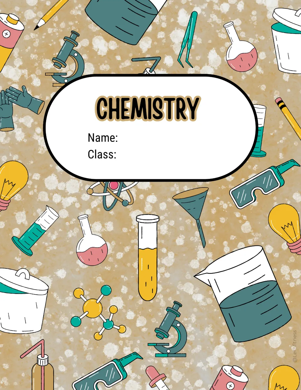 Tan speckled chemistry cover for students to write name and class, decorated with funnels, light bulbs and lab glassware