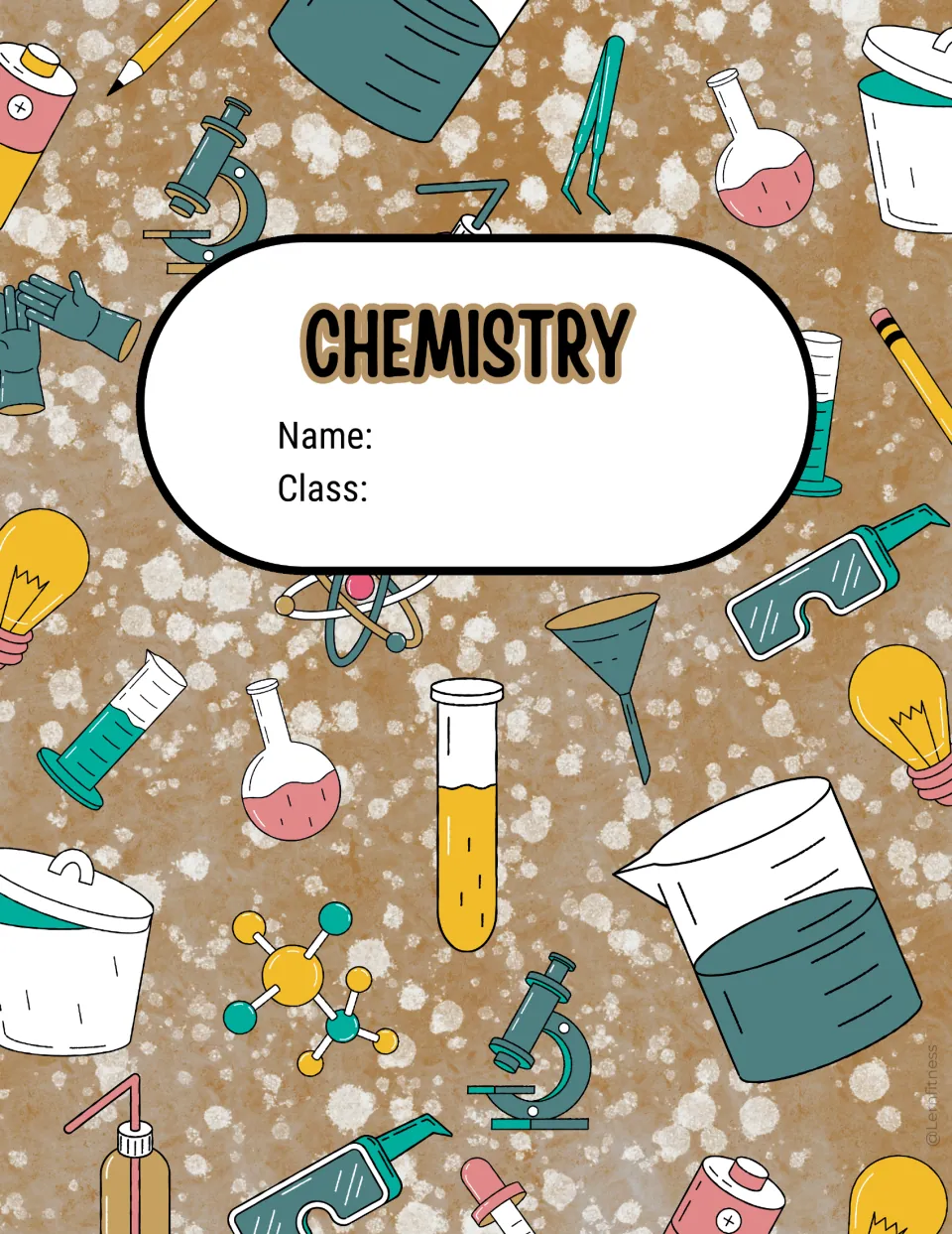 Caramel brown chemistry cover with a CHEMISTRY title, Name and Class lines, and scattered microscopes, beakers and atoms