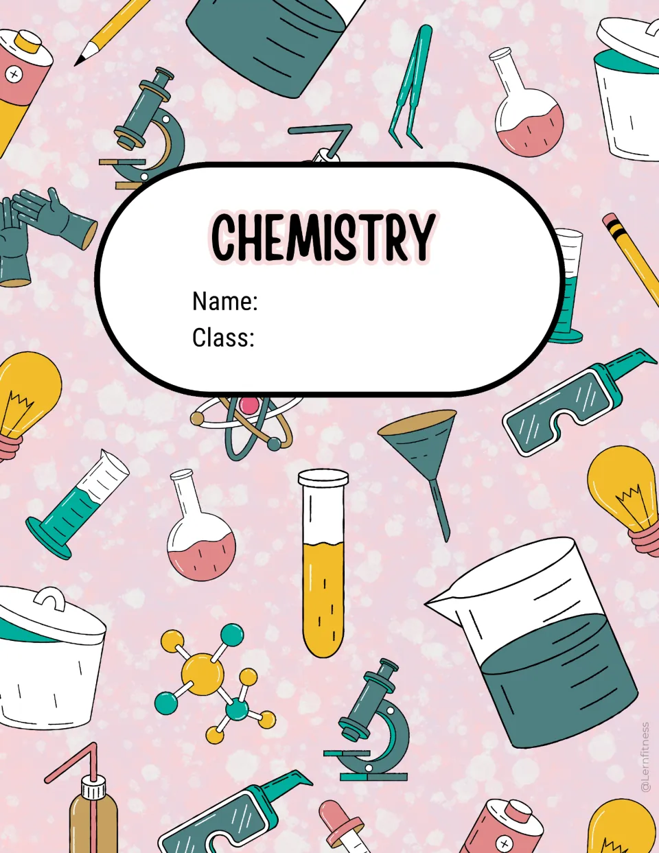 Soft pink chemistry cover with Name and Class lines on a white label, surrounded by flasks, gloves and safety goggles