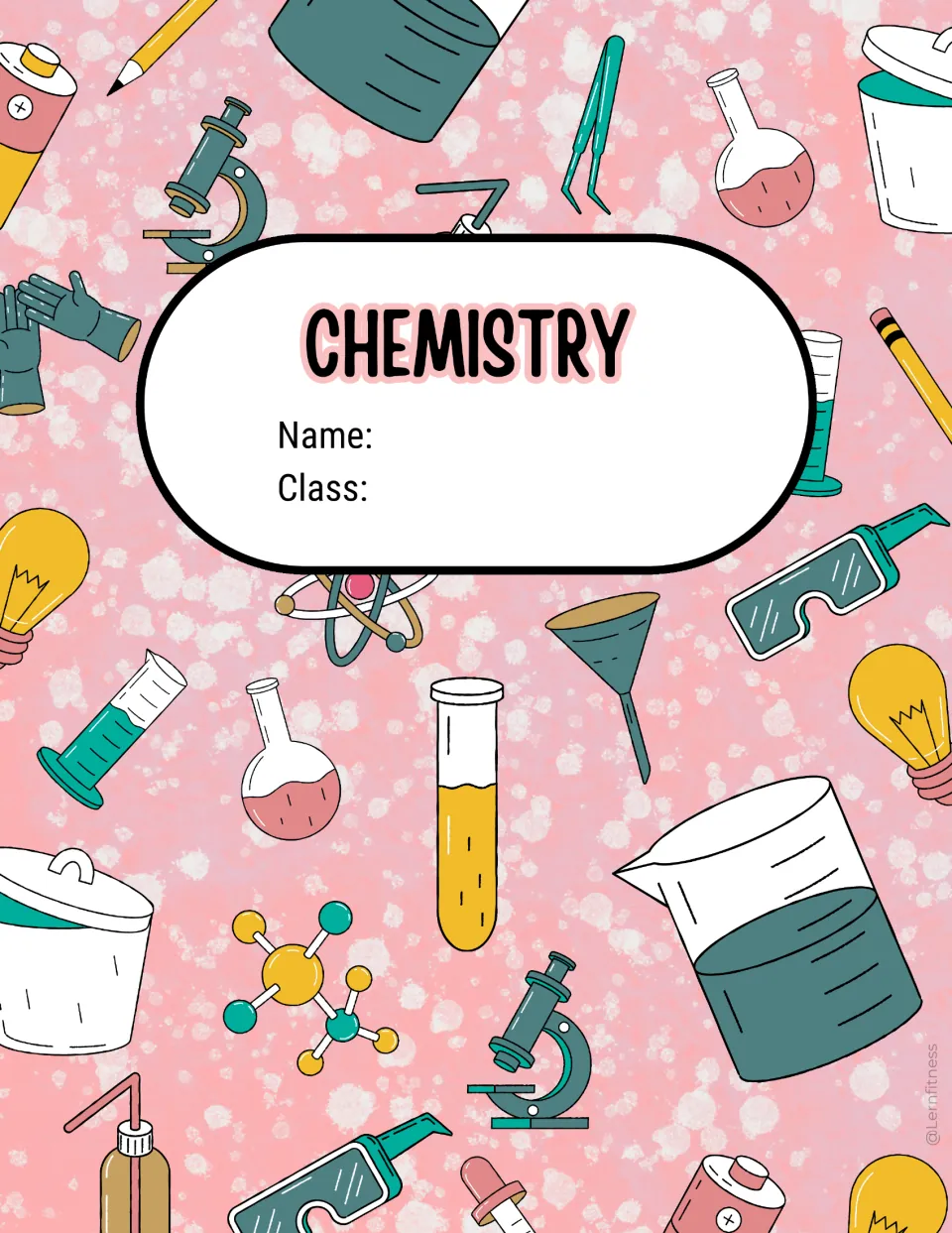 Coral pink chemistry cover: students add name and class under the CHEMISTRY heading amid beaker and test tube doodles