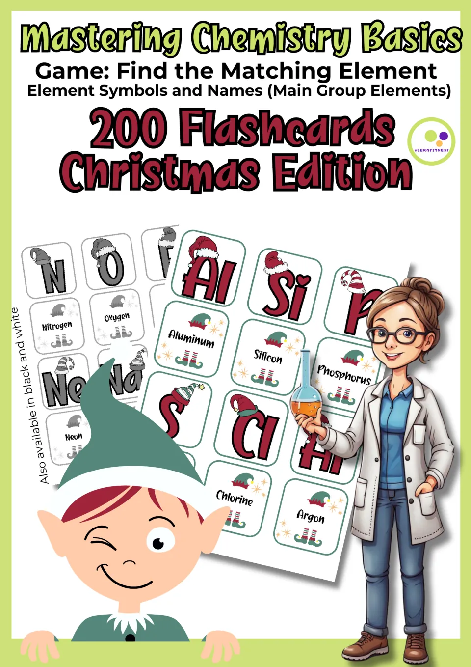 Cover for Christmas chemistry matching flashcards, labeled 200 cards for main group element names and symbols