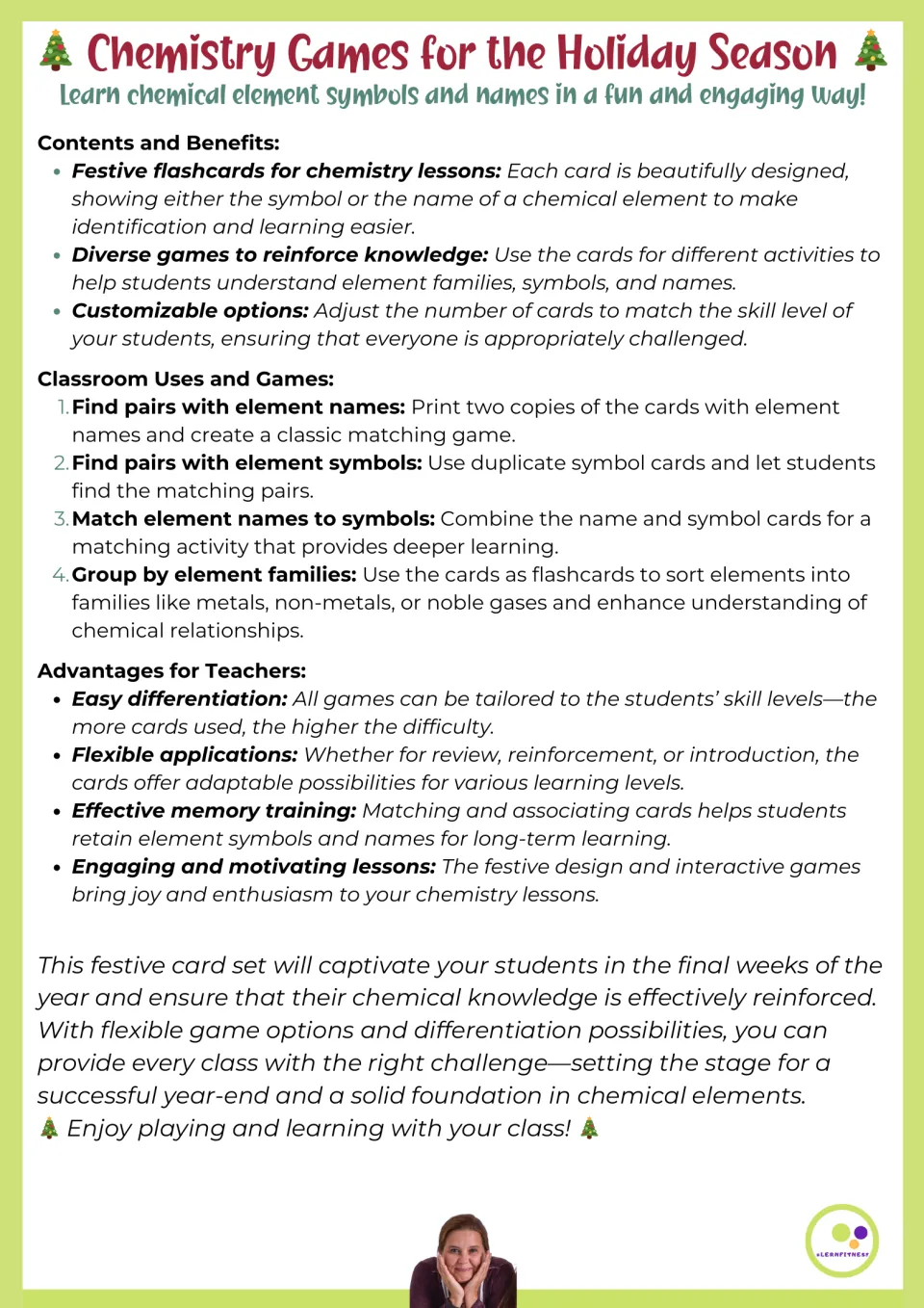 Teacher directions for matching element names, matching symbols, pairing names with symbols, and sorting
