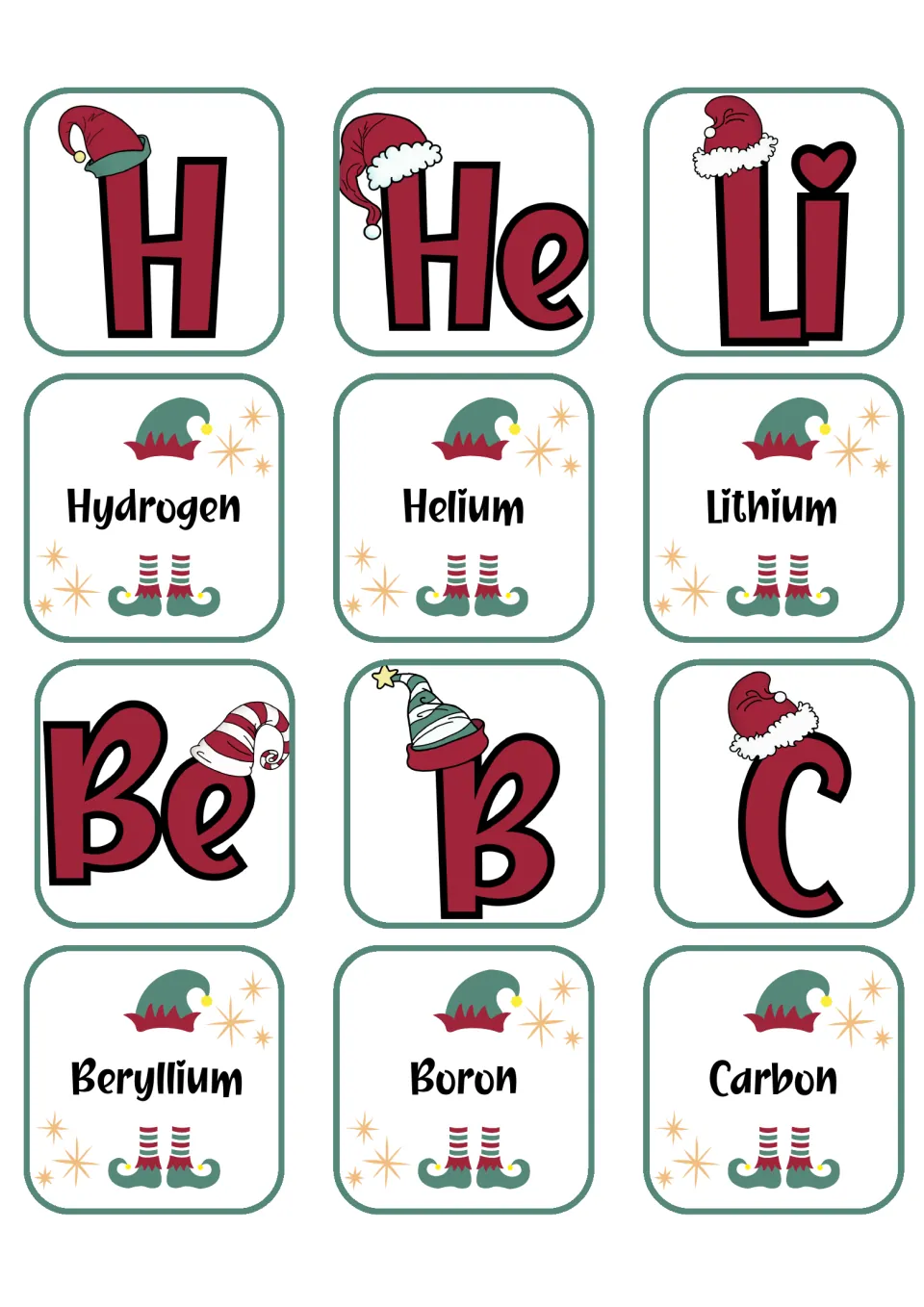 Element matching cards: hydrogen (H), helium (He), lithium (Li), beryllium (Be), boron (B), and carbon (C)