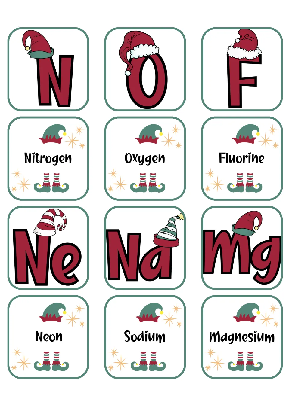 Element matching cards: nitrogen (N), oxygen (O), fluorine (F), neon (Ne), sodium (Na), and magnesium (Mg)