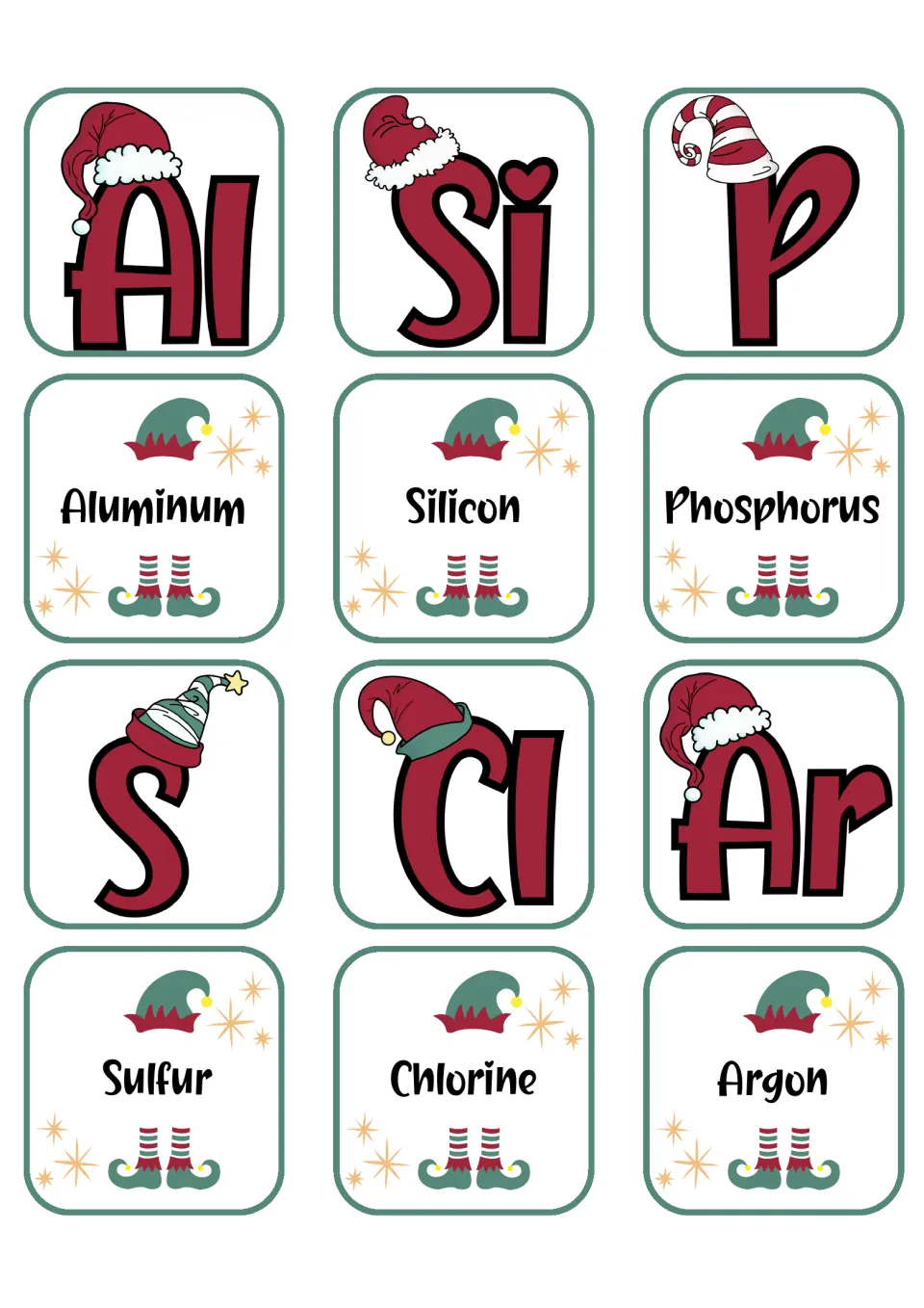 Element matching cards: aluminum (Al), silicon (Si), phosphorus (P), sulfur (S), chlorine (Cl), and argon (Ar)