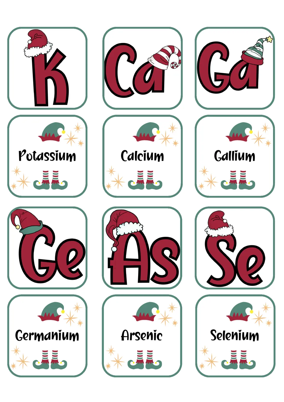 Element matching cards: potassium (K), calcium (Ca), gallium (Ga), germanium (Ge), arsenic (As), selenium (Se)