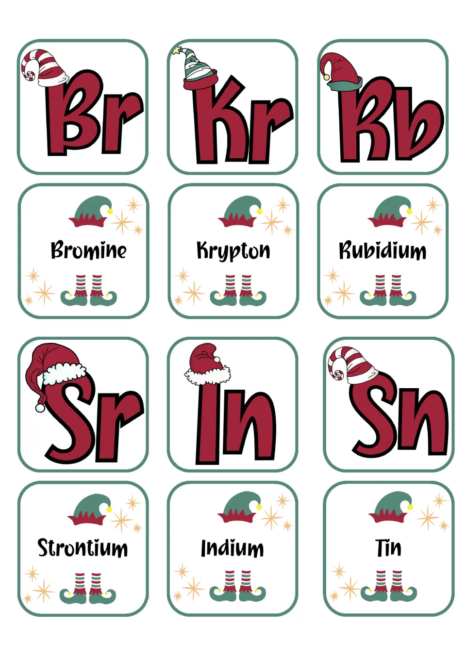 Element matching cards: bromine (Br), krypton (Kr), rubidium (Rb), strontium (Sr), indium (In), and tin (Sn)