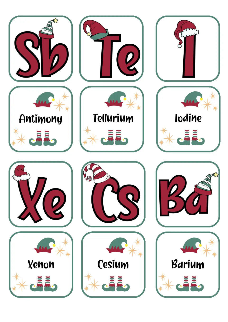 Element matching cards: antimony (Sb), tellurium (Te), iodine (I), xenon (Xe), cesium (Cs), and barium (Ba)