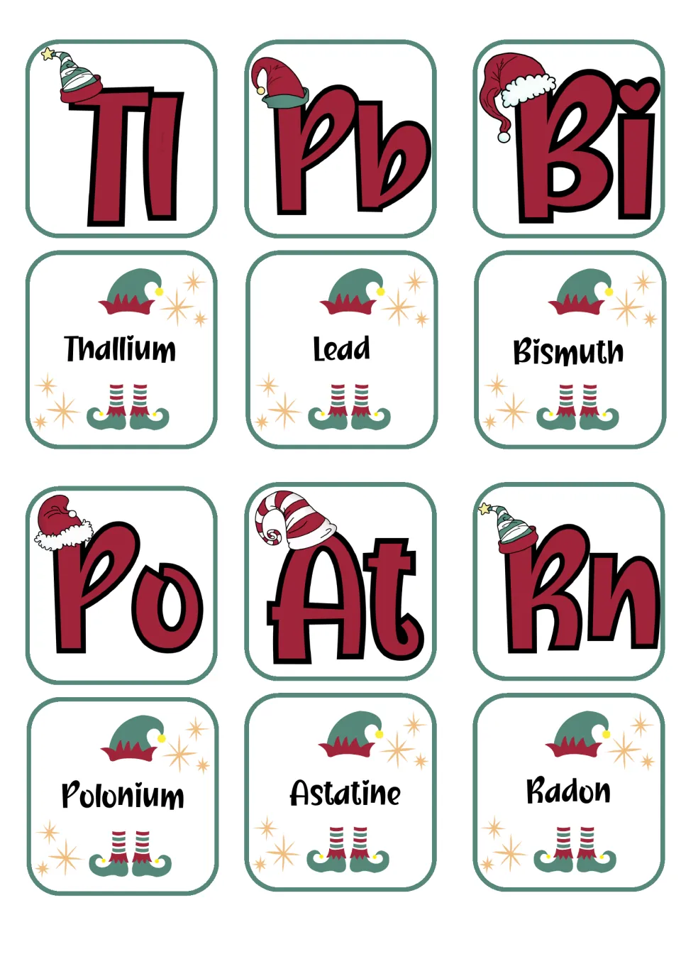 Element matching cards: thallium (Tl), lead (Pb), bismuth (Bi), polonium (Po), astatine (At), and radon (Rn)