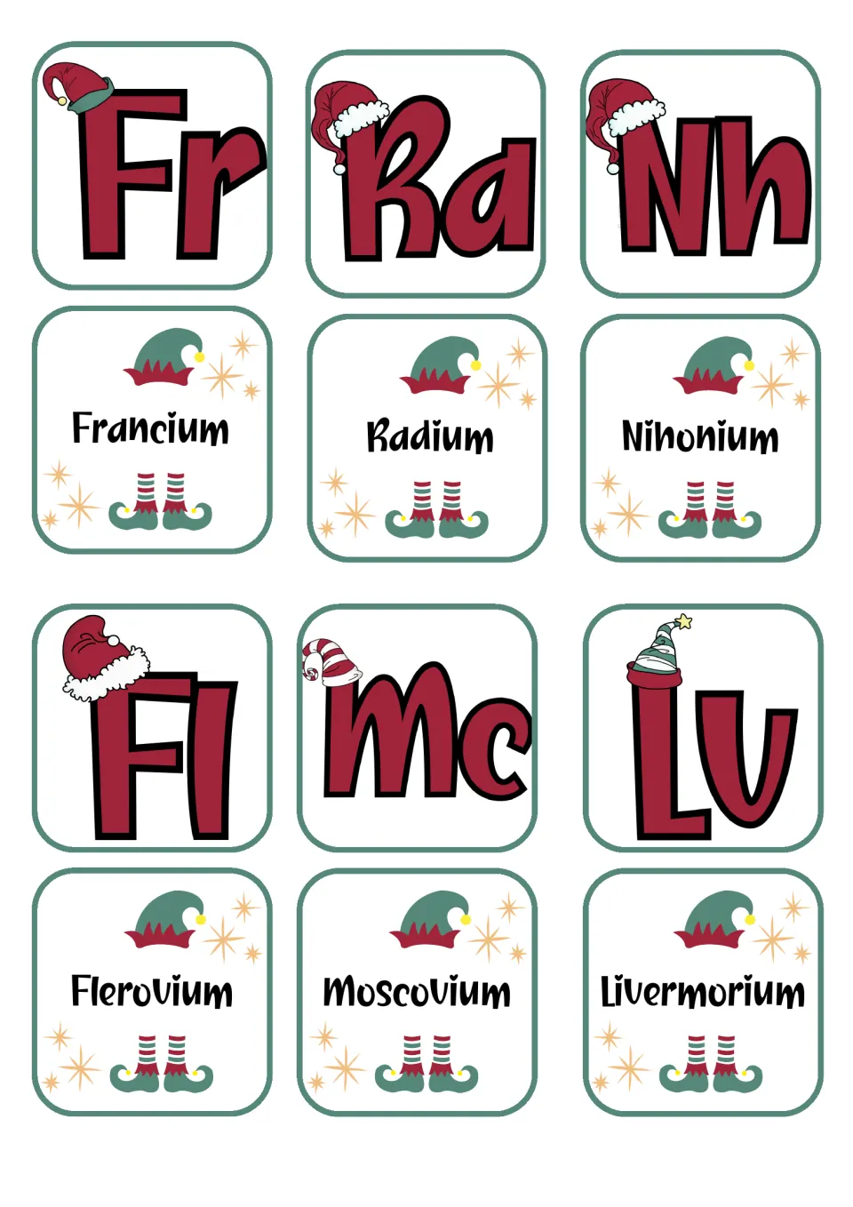 Element matching cards: francium, radium, nihonium, flerovium, moscovium, livermorium and their symbols