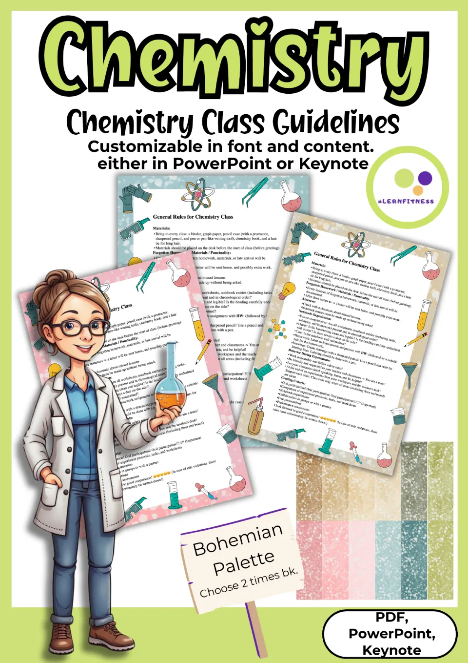Chemistry class guidelines cover introducing editable rules in PowerPoint and Keynote, plus a PDF version