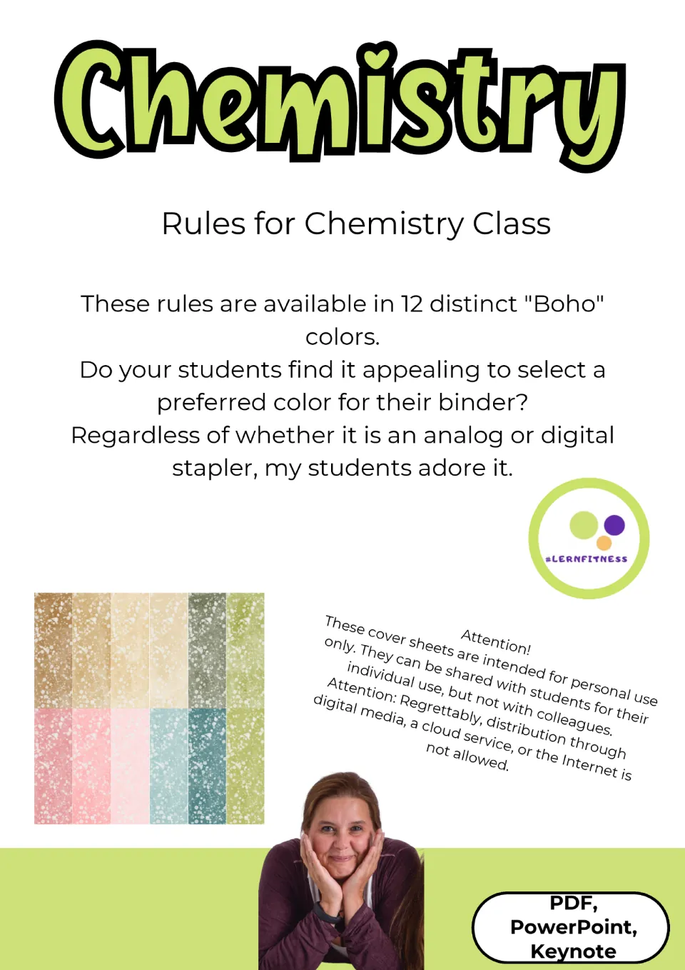 Chemistry rules introduction describing 12 Boho colors, student binder choices, and personal-use restrictions