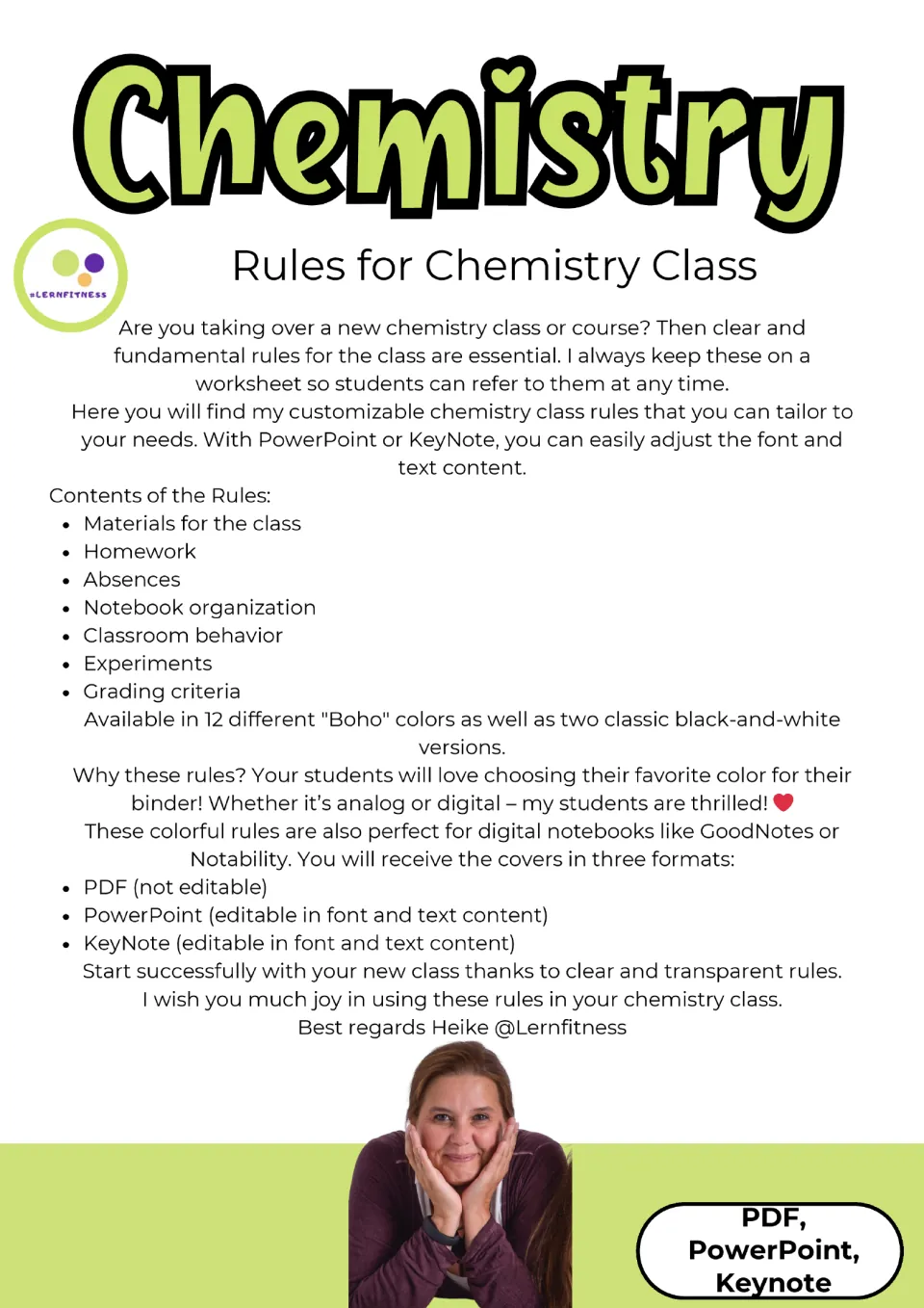 Chemistry rules overview listing materials, homework, absences, notebook organization, behavior, and grading