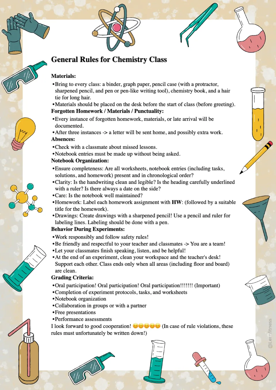 Chemistry rules sheet covering required materials, missed homework, absences, notebook care, and experiments