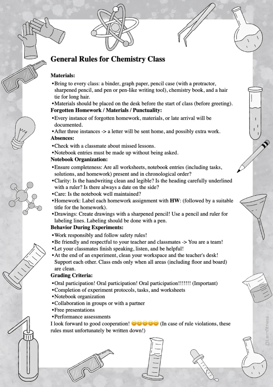 First black-and-white chemistry rules version covering supplies, punctuality, notebook organization, and grading