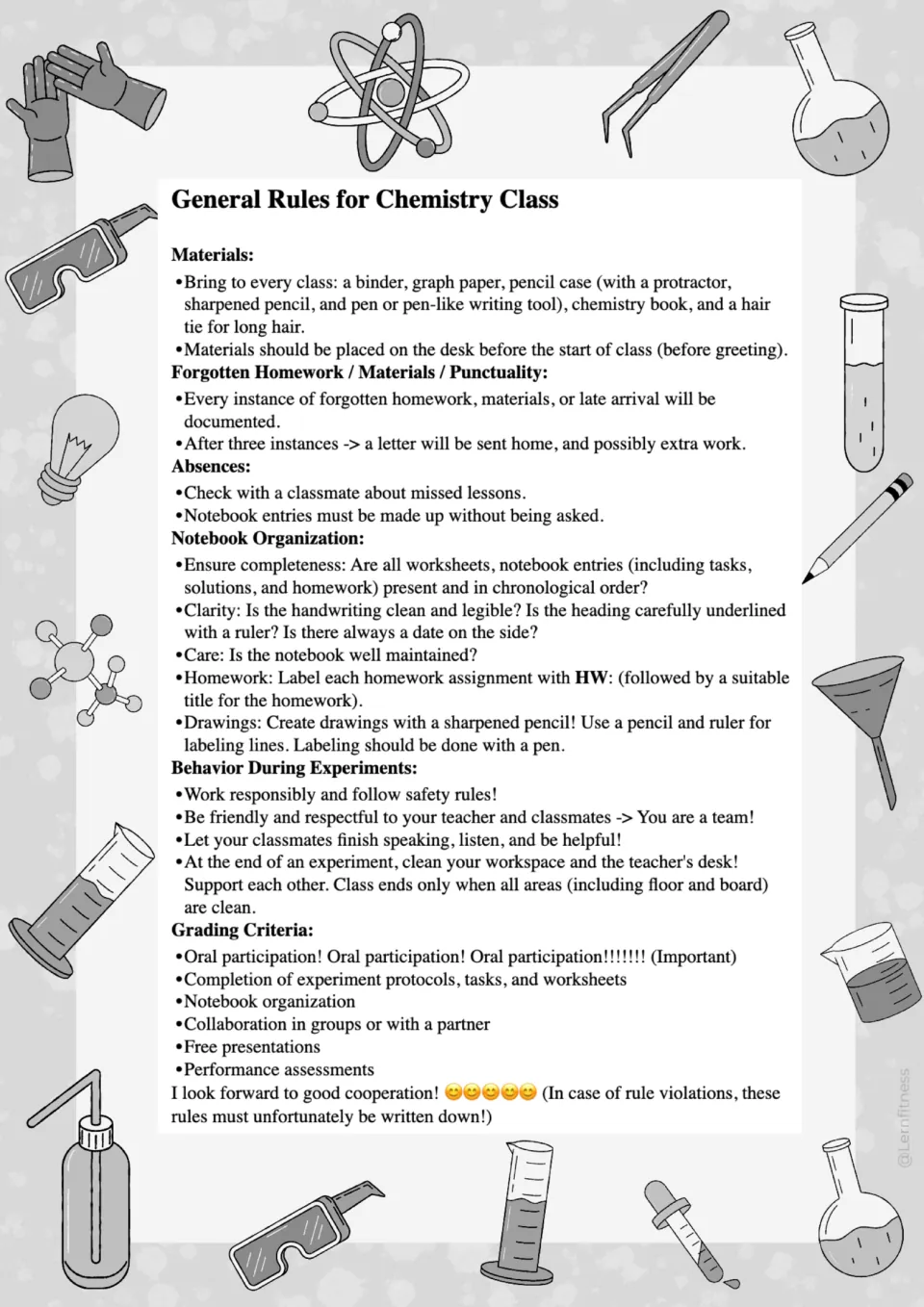 Second black-and-white chemistry rules version addressing missed lessons, experiment behavior, and grading