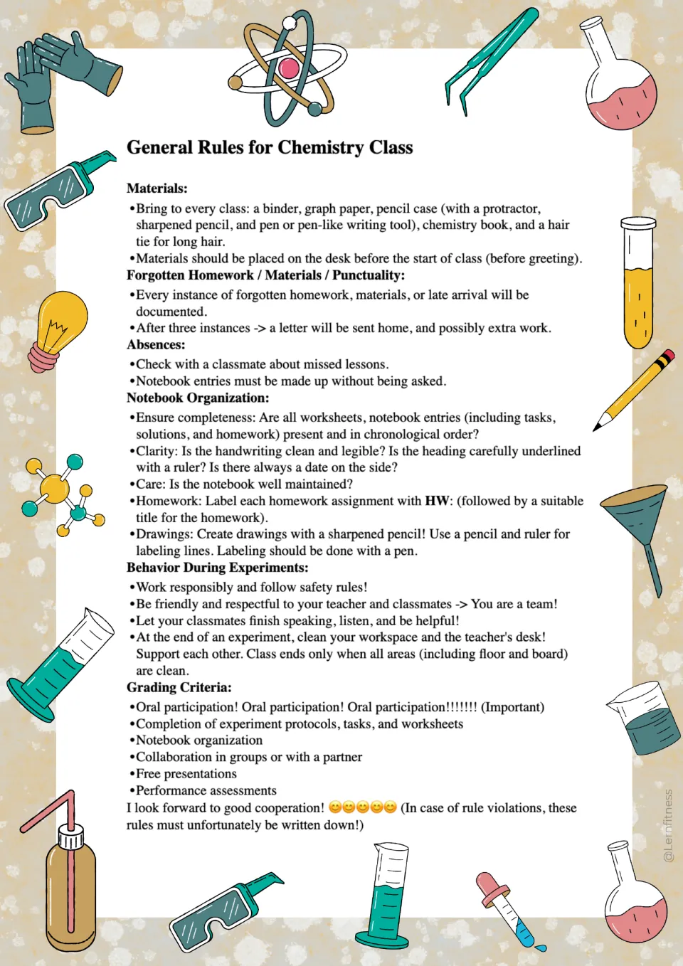 Chemistry rules color version requiring prepared materials, complete notebook entries, and respectful behavior