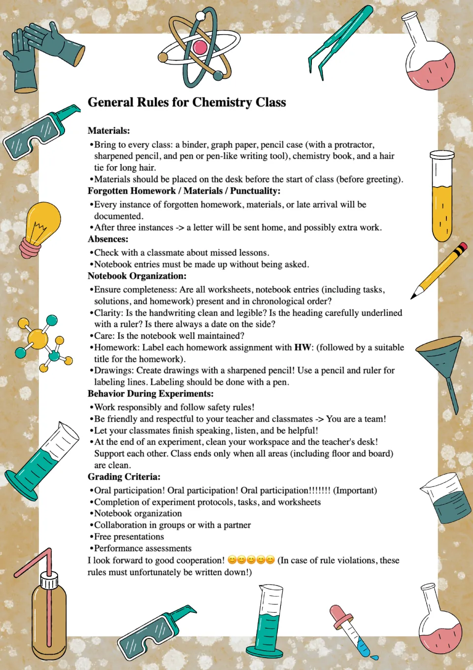 Chemistry rules color version explaining homework labels, pencil drawings, experiment cleanup, and participation