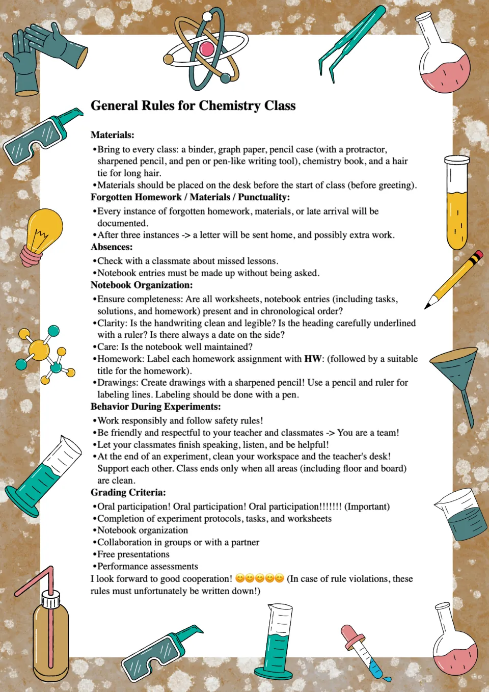 Chemistry rules color version covering makeup notes, chronological notebook entries, teamwork, and assessments