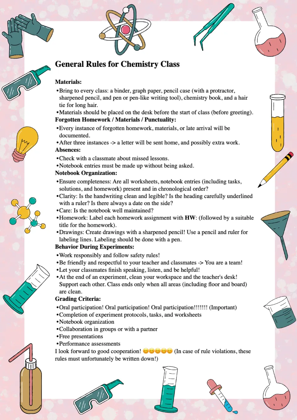 Chemistry rules color version listing class supplies, absence procedures, experiment conduct, and grading criteria