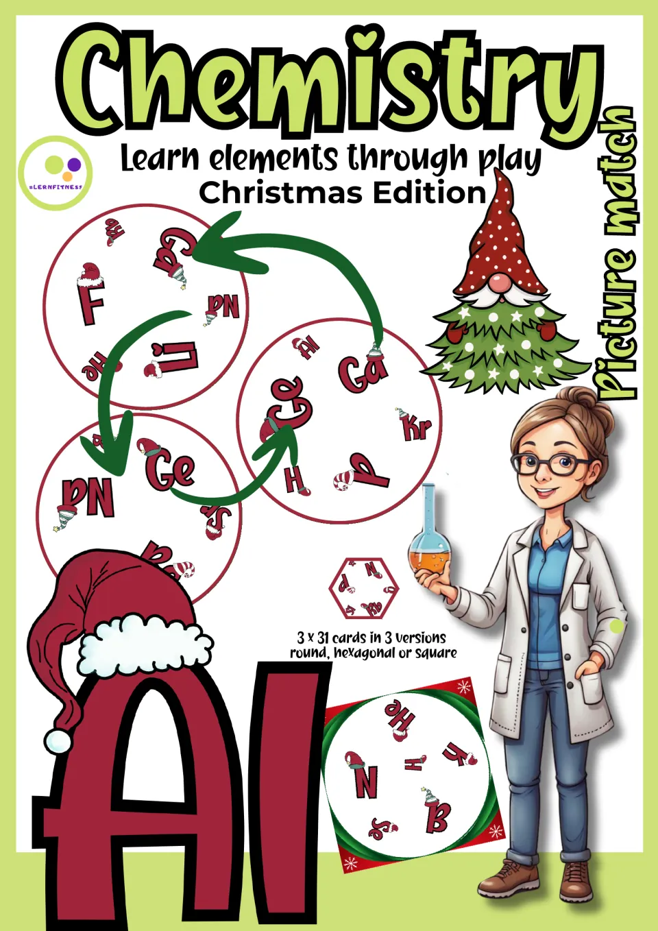 Christmas chemistry matching game cover announcing 31 cards in each of three shapes: round, hexagonal, and square