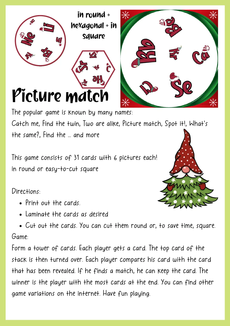Picture match instructions explain printing, optional laminating, cutting, and collecting cards by finding matches