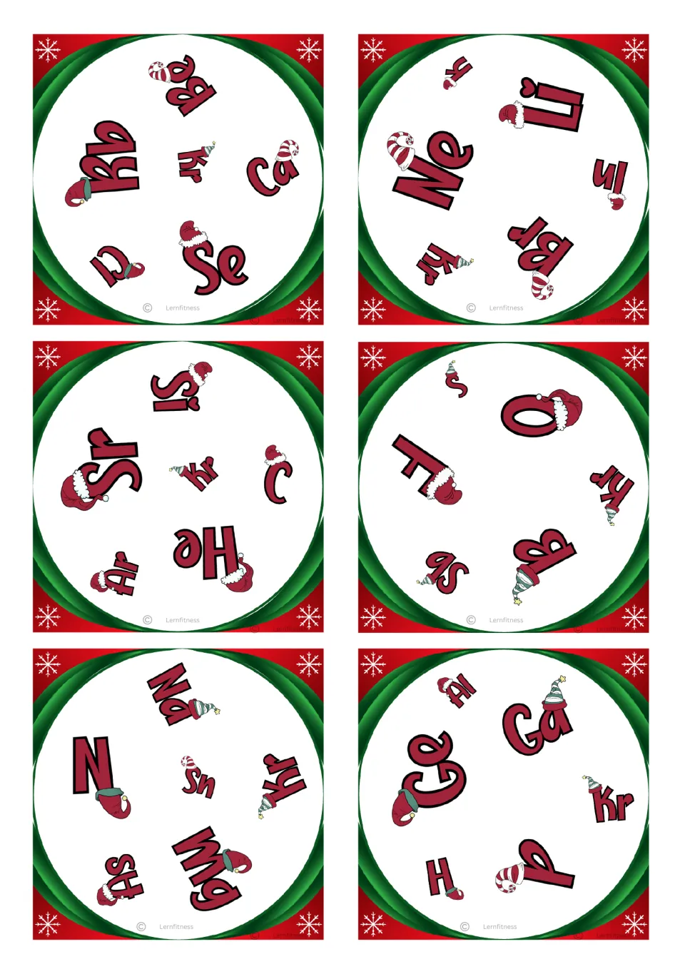 Square chemistry matching cards 1–6, each with six element symbols; the first includes Rb, Be, Kr, Ca, Cl, and Se