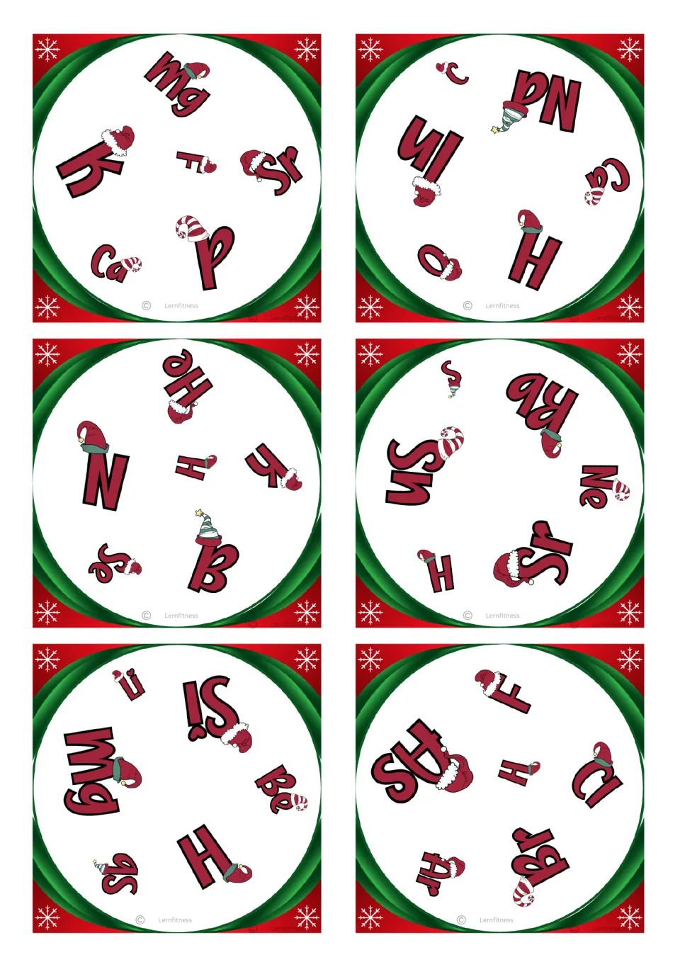 Square chemistry matching cards 7–12, each with six element symbols; the first includes Mg, K, F, Sr, Ca, and P